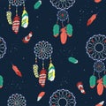 Seamless pattern with feathers and dream catchers. Vector graphics Royalty Free Stock Photo