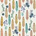 Seamless pattern with feathers and herbs with traditional American folk style