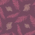 Seamless Pattern with Feathers pink on a purple background. Vintage Artistically hand drawn stylized tribal feathers. Doodle Ink Royalty Free Stock Photo