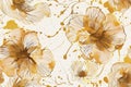 This seamless pattern features artistic golden ink floral motifs on a beige background, ideal for elegant stationery