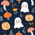 This seamless pattern features ghosts, pumpkins, mushrooms, agaric, spiders and a flat modern background. Ideal for Royalty Free Stock Photo