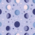 Seamless pattern features phases of the moon depicted in shades of blue and purple Royalty Free Stock Photo