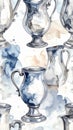 Elegant Silver Pitchers and Goblets with Watercolor Splashes Royalty Free Stock Photo