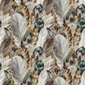 A seamless pattern featuring an array of intricately detailed feathers in a variety of Royalty Free Stock Photo