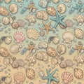 Seamless pattern featuring assorted seashells and starfish on a textured sandy and Royalty Free Stock Photo