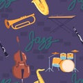 Seamless Pattern Featuring An Assortment Of Jazz Instruments, Xylophone, Double Bass, Saxophone, Drum Kit And Trumpet