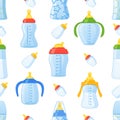 Seamless Pattern Featuring Baby Milk Bottles In Various Sizes And Colors, Perfect For Creating A Cute And Playful Look Royalty Free Stock Photo