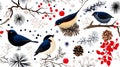 Seamless pattern featuring birds, branches, and pinecones creates beautiful winter scene filled with nature charm Royalty Free Stock Photo