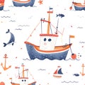 Maritimethemed pattern featuring boats and anchors on a white background Royalty Free Stock Photo