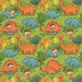 Seamless pattern featuring cartoon dinosaurs and children in a prehistoric setting. Royalty Free Stock Photo
