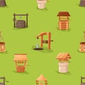 Seamless Pattern Featuring Charming Water Well Motifs, Creating A Rustic And Nostalgic Vibe. Wooden and Stone Wells