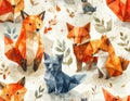 Watercolor Origami Foxes Pattern with Artistic Geometric Design Royalty Free Stock Photo