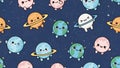 Seamless Chibi Kawaii Mini Planet Characters Pattern in Cute Space Cartoon Illustration Royalty Free Stock Photo