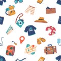 Seamless Pattern Featuring Collection Of Traveler Items Such As Suitcase, Passport, Camera, Map, And Clothes, Vector Royalty Free Stock Photo