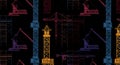 Seamless pattern featuring colorful outlined illustrations of tower cranes on a black Royalty Free Stock Photo