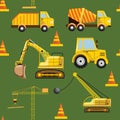Construction machinery seamless pattern with various equipment like tractor, demolition machine, crane and excavator Royalty Free Stock Photo