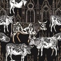 Gothic Architecture and Ornate Cattle Seamless Pattern Royalty Free Stock Photo