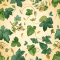 Seamless pattern featuring diverse botanical elements like lush green leaves and delicate pale blossoms scattered across a light Royalty Free Stock Photo