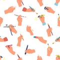 Seamless Pattern Featuring Diverse Hands Holding Various Writing Tools such as Pen, Pencil, Eraser, Stylus, Mouse