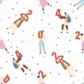 Seamless Pattern Featuring Diverse Male and Female Characters Holding The Numbers 2024, Creating A Festive Design