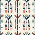 Seamless pattern featuring geometric arrows and abstract shapes with tribal style elements in muted colors on a light background Royalty Free Stock Photo