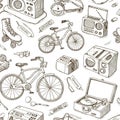 Seamless pattern featuring hand-drawn illustrations of retro objects, including radios, Royalty Free Stock Photo
