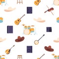 Seamless Pattern Featuring Iconic Music Country Elements Like Guitars, Cowboy Hats, And Dynamics. Drum Kit, Banjo