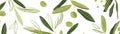 A seamless pattern featuring illustrated olive branches and leaves in various shades of green on a white background Royalty Free Stock Photo