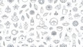 A seamless pattern featuring line art illustrations of tea, medi Royalty Free Stock Photo