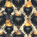 Seamless pattern with magic cauldron and fire, Halloween background Royalty Free Stock Photo