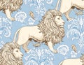 Lion Pattern on Blue Damask Background Royalty Free Stock Photo