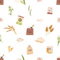 Seamless Pattern Featuring A Medley Of Cereal Products. From Crunchy Flakes To Wholesome Grains, Vector Illustration