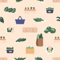 Seamless Pattern Featuring Microgreens, Lush Greenery, Fresh Produce, And Grocery Items, Creating A Vibrant Design