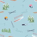 Seamless Pattern Featuring Mountain Slalom Items, Skis, Poles, Against A Snowy Backdrop. Cartoon Vector Illustration