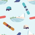 Seamless Pattern Featuring Mountain Snowboarding Items, Helmets And Boards, Cartoon Vector Wallpaper, Tile