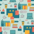 Seamless pattern featuring office related items on a light blue background Royalty Free Stock Photo