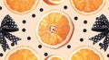 A seamless pattern featuring orange slices, black polka dots and black bows on a peach background Royalty Free Stock Photo