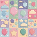 Pastel Patchwork Seamless Pattern with Hearts, Stars, and Balloons Royalty Free Stock Photo