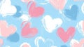 Seamless pattern featuring pink, white, and blue hearts painted with brushstrokes on a light blue background, creating a Royalty Free Stock Photo