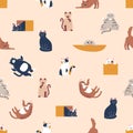 Seamless Pattern Featuring Playful Cats In Various Poses, Creating A Whimsical And Charming Design For Cat Lovers