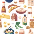 Seamless Pattern Featuring Soy Products Such As Tofu, Soy Sauce, Milk, Flour And Edamame In A Repeating Design