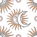 Seamless pattern featuring stylized sun and moon motifs. Royalty Free Stock Photo