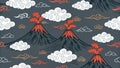 Abstract Volcanic Landscape Seamless Pattern with Stylized Eruptions and Oriental Clouds Royalty Free Stock Photo