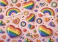 A seamless pattern featuring symbols like rainbows, hearts, and the LGBTQ pride flag on a pastel background. Ai generated Royalty Free Stock Photo