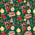 Festive Christmas pattern with nutcrackers, poinsettias, and holiday greetings Royalty Free Stock Photo