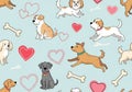 Seamless pattern featuring various cartoon dogs in different poses on a light blue background. The Royalty Free Stock Photo
