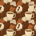 A seamless pattern featuring various coffee cups in white, brown, and tan shades. Royalty Free Stock Photo