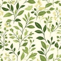 A seamless pattern featuring various green leaves and branches on a light background Royalty Free Stock Photo