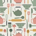 Seamless pattern featuring various kitchen utensils in pastel colors. Includes teapots, colanders, Royalty Free Stock Photo