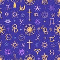 Mystical Symbols Seamless Pattern on Dark Blue Background Royalty Free Stock Photo